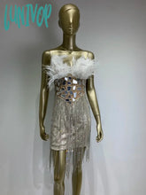 Lunivop Women Summer Sexy Strapless Backless Mirror Feather Diamonds Sparkly Mini Bodycon Dress